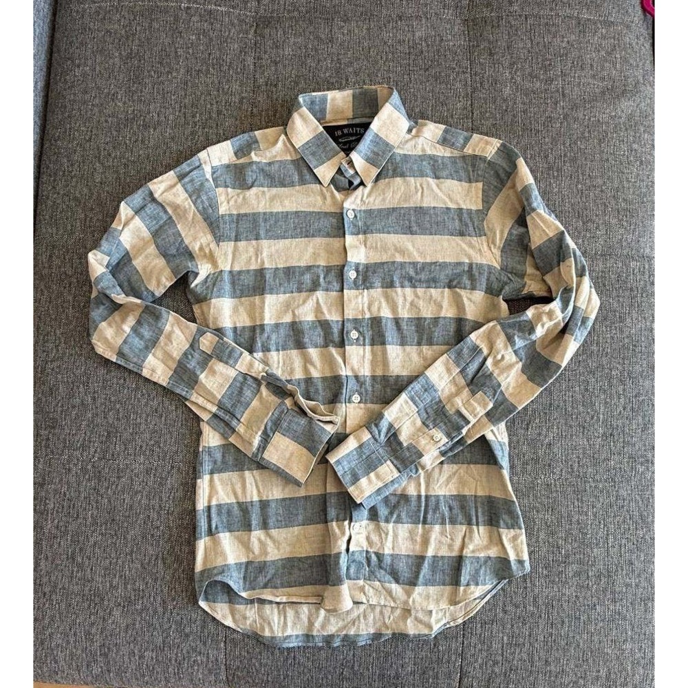 18 Waits Small Batch Unisex Blue Cream Striped Linen Cotton Button Down Shirt, S